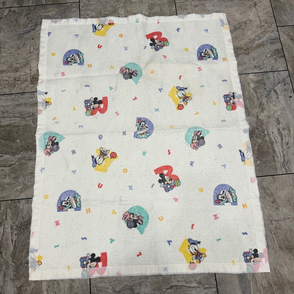 Vintage Disney Baby Blanket Mickey Minnie Donald Alphabet White Satin Dundee